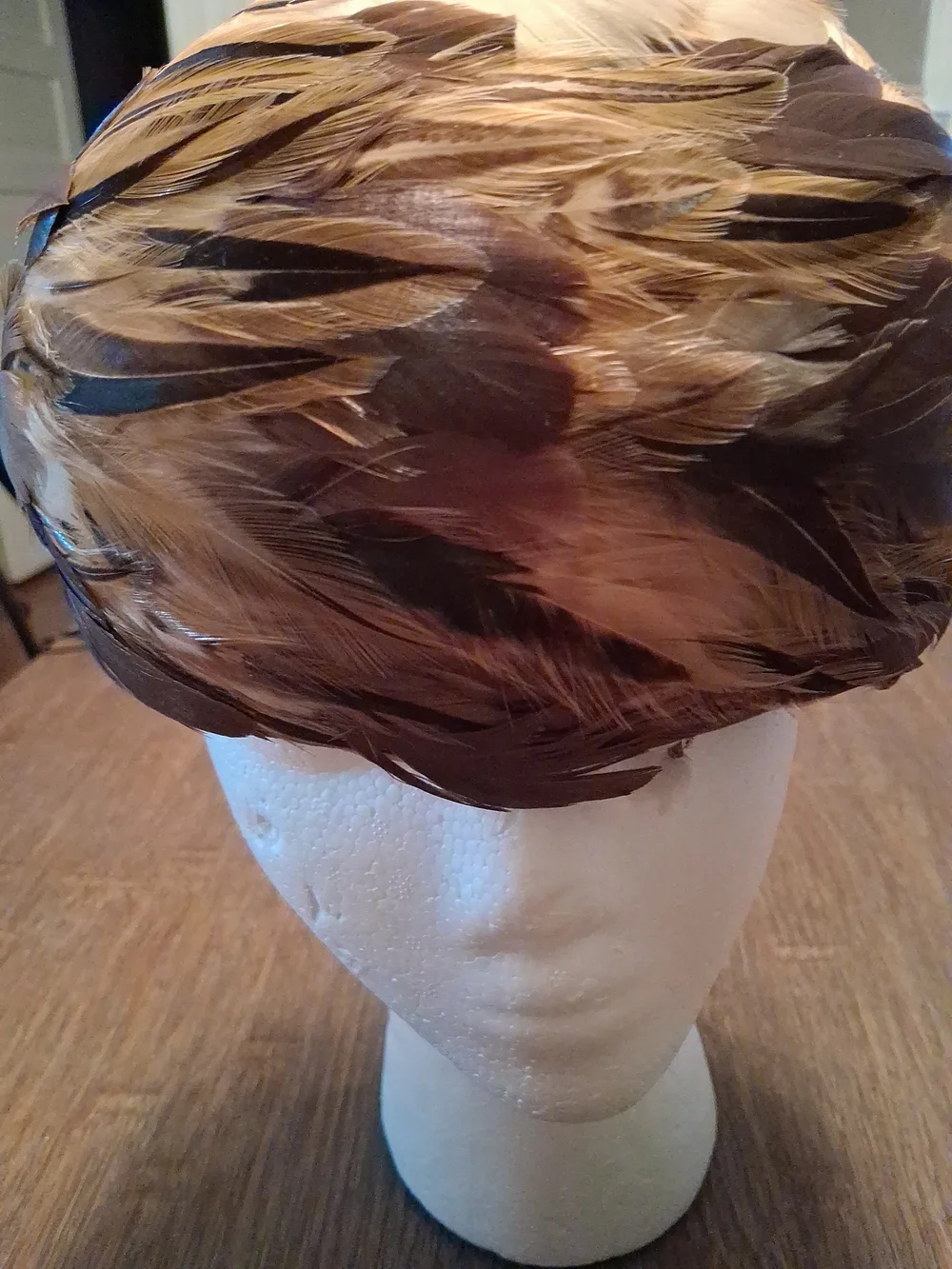 Large Feather Cloche Hat in Brown and Tan